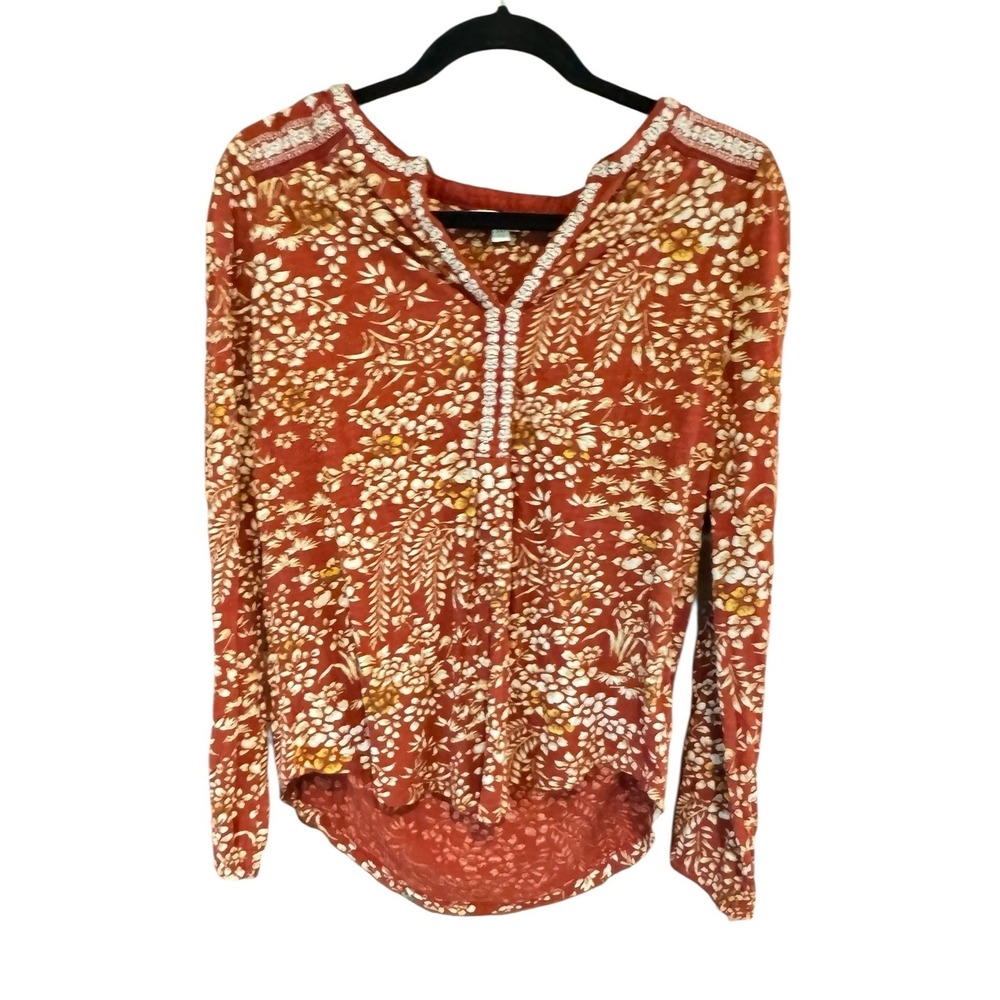 Lucky Brand Womens Rust‎ Floral Embroidered Henley Long Sleeve Top Medium M